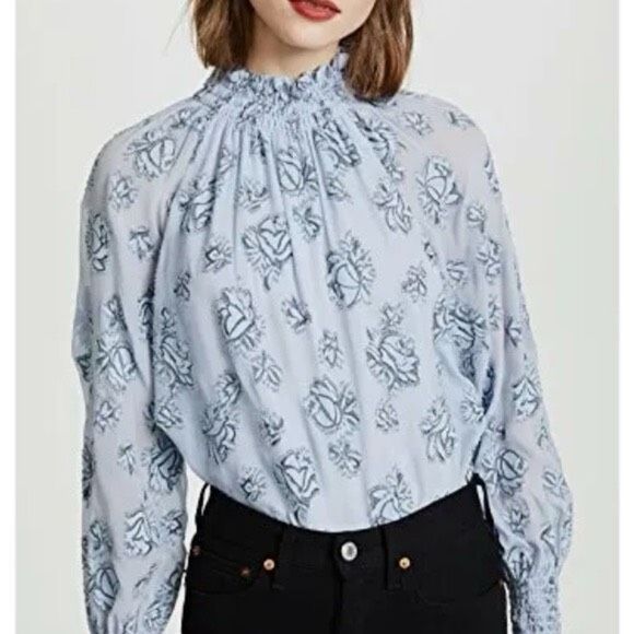 ✨Rebecca Taylor Smocked Neck Silk Rose Print Sz. 10 Blouse Light Blue Metallic✨ - Picture 4 of 14